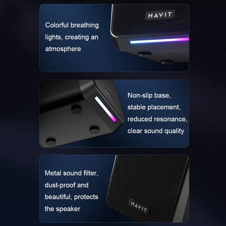 Havit A20 Plus Bunter Umgebungslicht-Kabelcomputer-Audio-Stereo-Surround-Sound-Lautsprecher, Schwarz, Bluetooth-Version