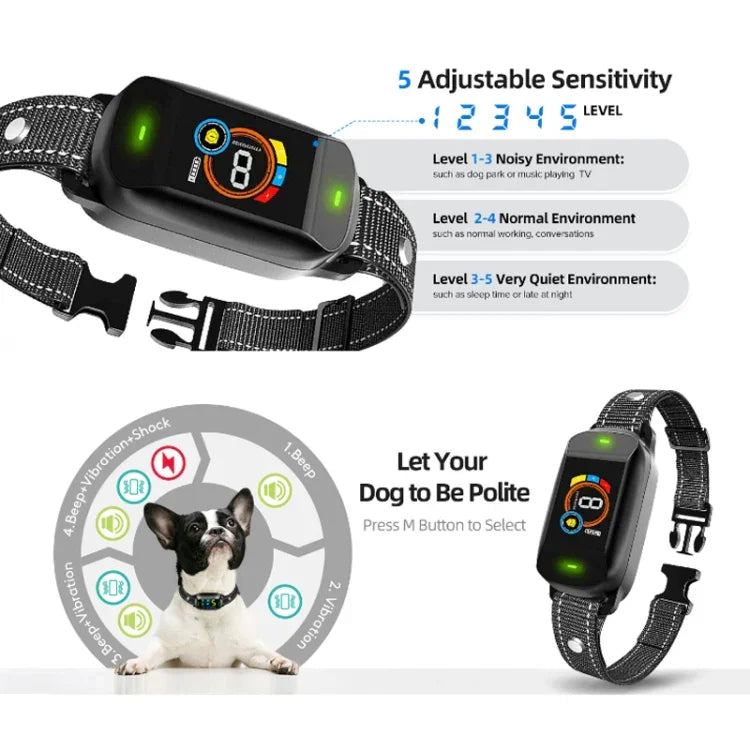 Wiederaufladbarer, wasserdichter Smart-Hundetrainer mit Farbbildschirm und Bellstopper