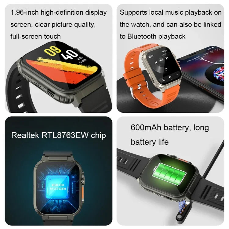 A70 1,96 Zoll Gesundheitsüberwachung Multifunktionale IP68 Wasserdicht Bluetooth-Smartwatch, Schwarz, Orange