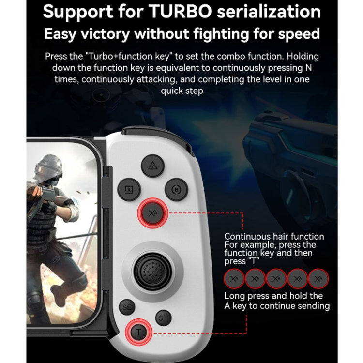 D6 Bluetooth-Gamepad mit Einziehmechanismus, Dual-Hall-Sensor (6-Achsen) für Android/iPhone/Switch, erhältlich in Schwarz, Weiß und Rot.