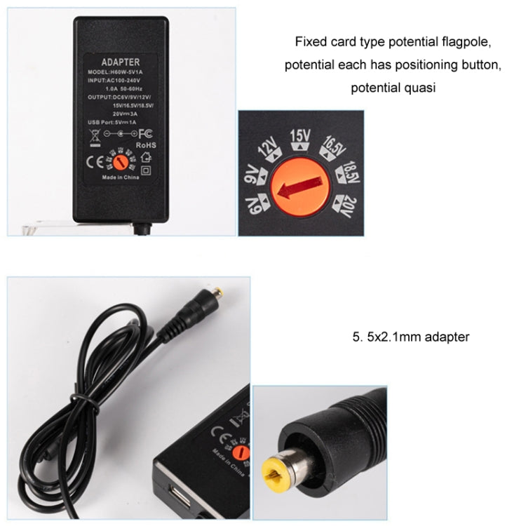 65W 6-20V Einstellbares 3A DC Netzteil Ladegerät, US-Stecker, EU-Stecker, UK-Stecker Klein, AU-Stecker, UK-Stecker Groß
