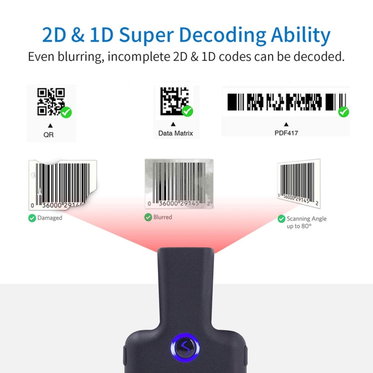 HC101D 2D Bluetooth Barcode-Scanner kabelloser Rückclip Telefon Barcode-Leser, 2D Mitte, 2D Seite