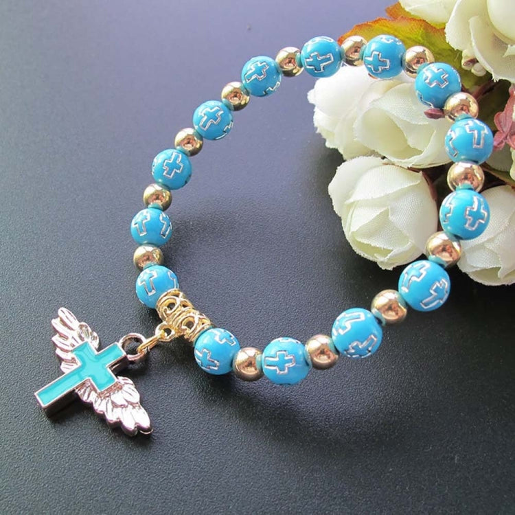 Goldgeprägtes Acryl Engel Kreuz Perlenarmband, Blau, Weiß, Rosa, Silber
