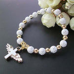 Goldgeprägtes Acryl Engel Kreuz Perlenarmband, Blau, Weiß, Rosa, Silber