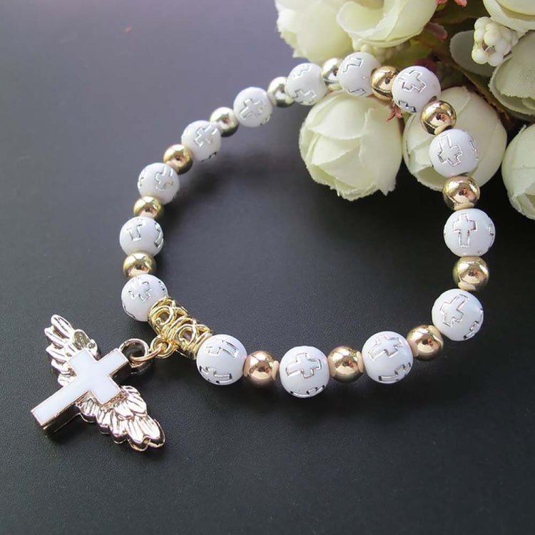 Goldgeprägtes Acryl Engel Kreuz Perlenarmband, Blau, Weiß, Rosa, Silber
