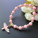 Goldgeprägtes Acryl Engel Kreuz Perlenarmband, Blau, Weiß, Rosa, Silber