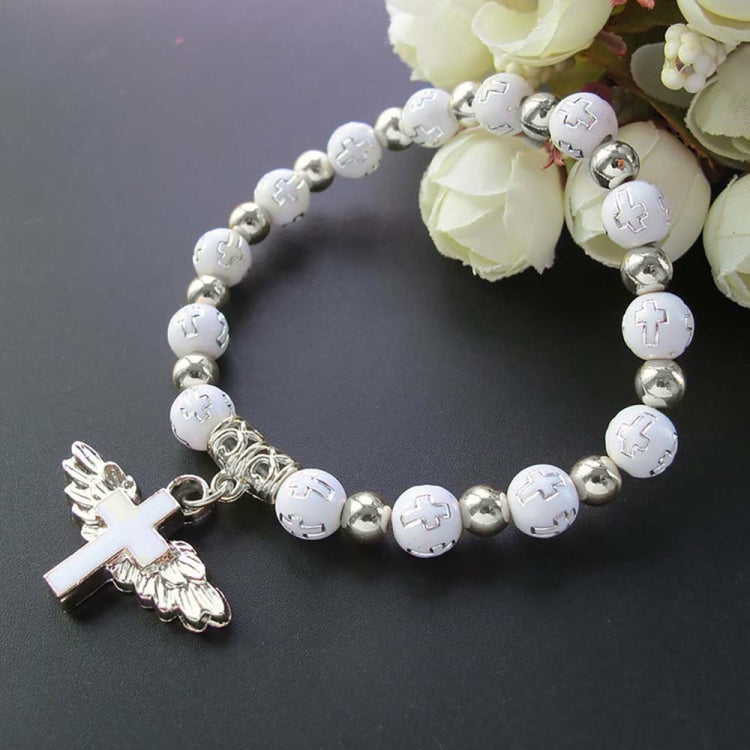 Goldgeprägtes Acryl Engel Kreuz Perlenarmband, Blau, Weiß, Rosa, Silber