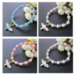 Goldgeprägtes Acryl Engel Kreuz Perlenarmband, Blau, Weiß, Rosa, Silber