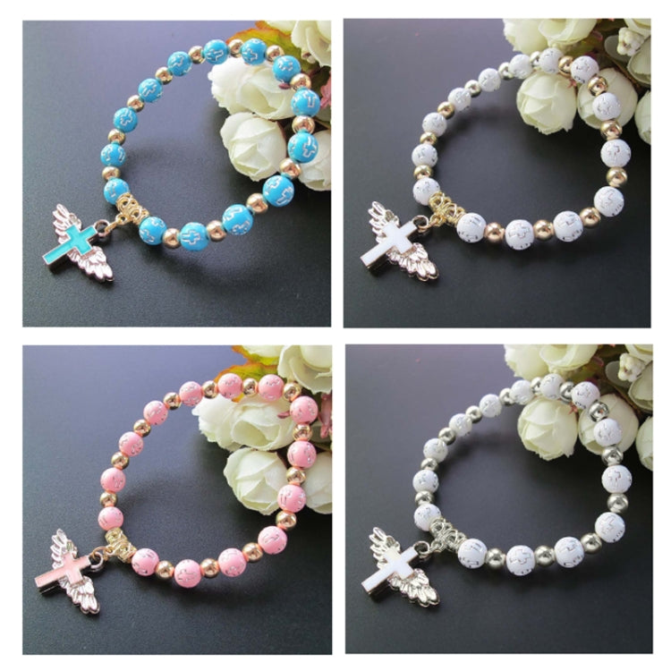 Goldgeprägtes Acryl Engel Kreuz Perlenarmband, Blau, Weiß, Rosa, Silber