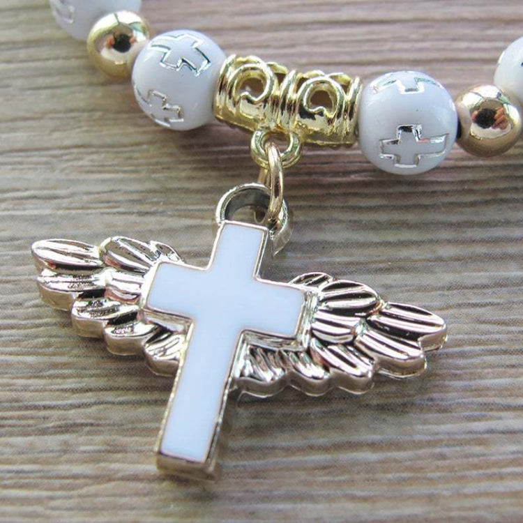 Goldgeprägtes Acryl Engel Kreuz Perlenarmband, Blau, Weiß, Rosa, Silber