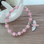 Goldgeprägtes Acryl Engel Kreuz Perlenarmband, Blau, Weiß, Rosa, Silber