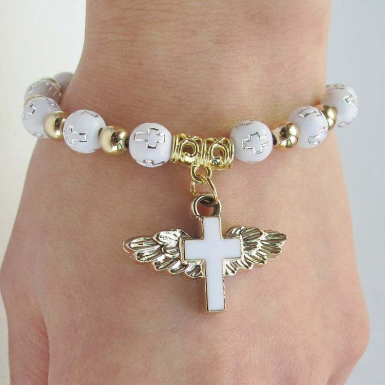 Goldgeprägtes Acryl Engel Kreuz Perlenarmband, Blau, Weiß, Rosa, Silber