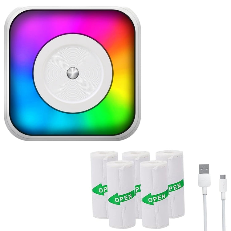RGB-Licht Tragbarer Mini Bluetooth Drucker Tintenloser Dokumenten- und Etikettendrucker, mit 1 Rolle Papier, mit 5 Rollen Papier, mit 5 Rollen Aufkleber, mit 5 Papier+5 Aufkleber+3 Farbpapier