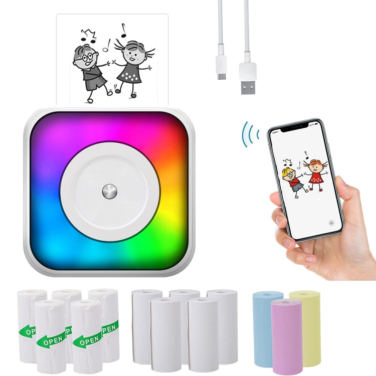 RGB-Licht Tragbarer Mini Bluetooth Drucker Tintenloser Dokumenten- und Etikettendrucker, mit 1 Rolle Papier, mit 5 Rollen Papier, mit 5 Rollen Aufkleber, mit 5 Papier+5 Aufkleber+3 Farbpapier