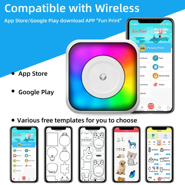 RGB-Licht Tragbarer Mini Bluetooth Drucker Tintenloser Dokumenten- und Etikettendrucker, mit 1 Rolle Papier, mit 5 Rollen Papier, mit 5 Rollen Aufkleber, mit 5 Papier+5 Aufkleber+3 Farbpapier