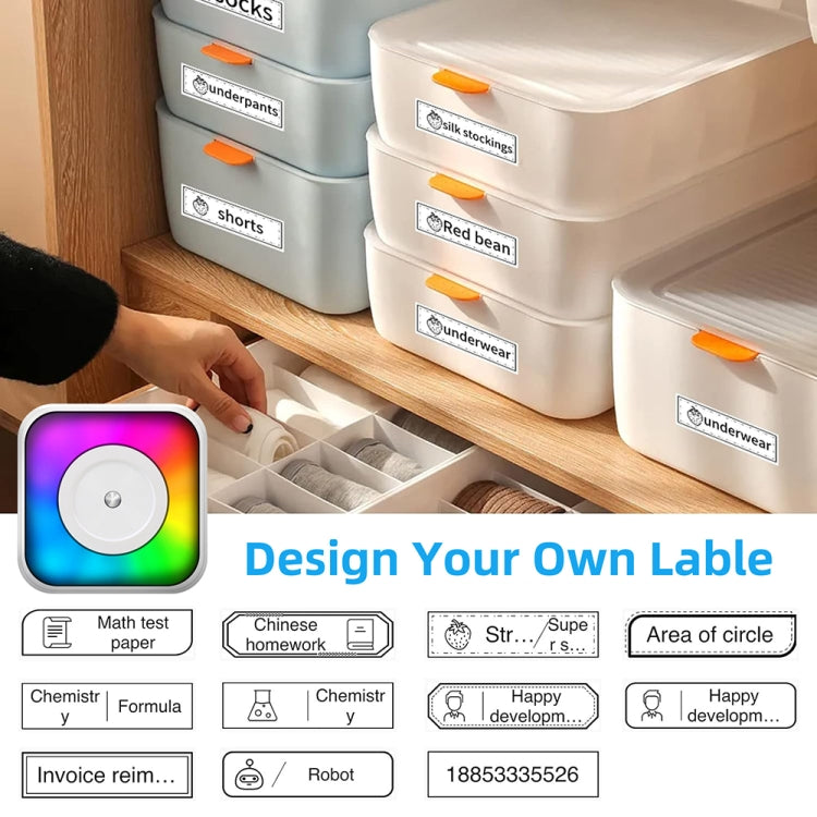 RGB-Licht Tragbarer Mini Bluetooth Drucker Tintenloser Dokumenten- und Etikettendrucker, mit 1 Rolle Papier, mit 5 Rollen Papier, mit 5 Rollen Aufkleber, mit 5 Papier+5 Aufkleber+3 Farbpapier