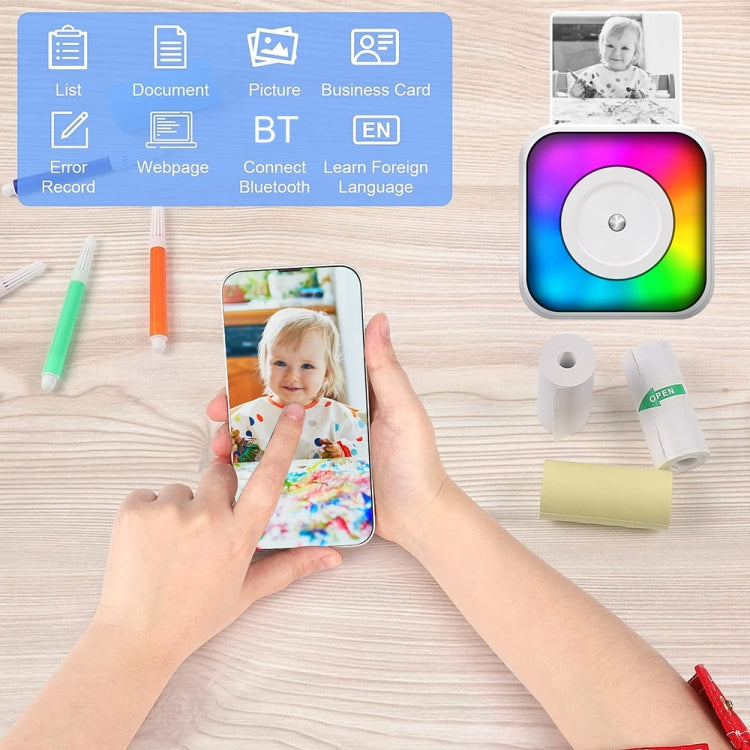 RGB-Licht Tragbarer Mini Bluetooth Drucker Tintenloser Dokumenten- und Etikettendrucker, mit 1 Rolle Papier, mit 5 Rollen Papier, mit 5 Rollen Aufkleber, mit 5 Papier+5 Aufkleber+3 Farbpapier
