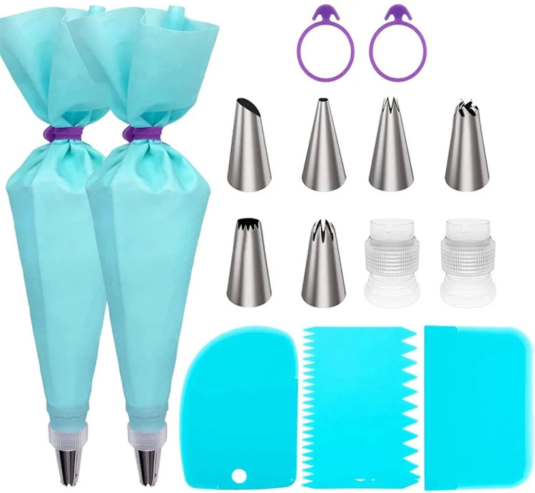 15 in 1 Silikon Spritzbeutel für Zuckerguss Sahne Gebäckbeutel Edelstahl Tüllen-Set, 15 Stück /Set