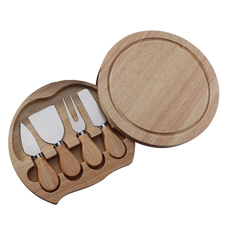 4er-Set runde Eichenbox mit Käsemesser und Spatel, Edelstahl-Käsewerkzeuge, Stahlfarbe, Schwarz, Gold