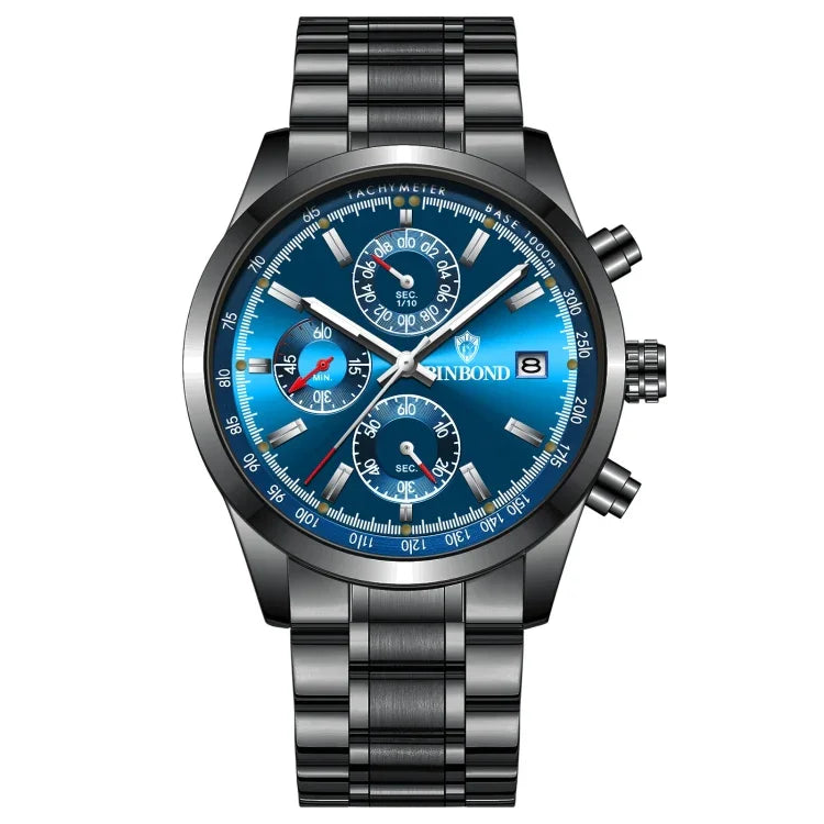 BINBOND B6022 30m Waterproof Luminous Multifunctional Quartz Watch, Leather-White Steel-Blue, Leather-White Steel-White, White Steel-White, Black Steel-Black, Black Steel-Blue