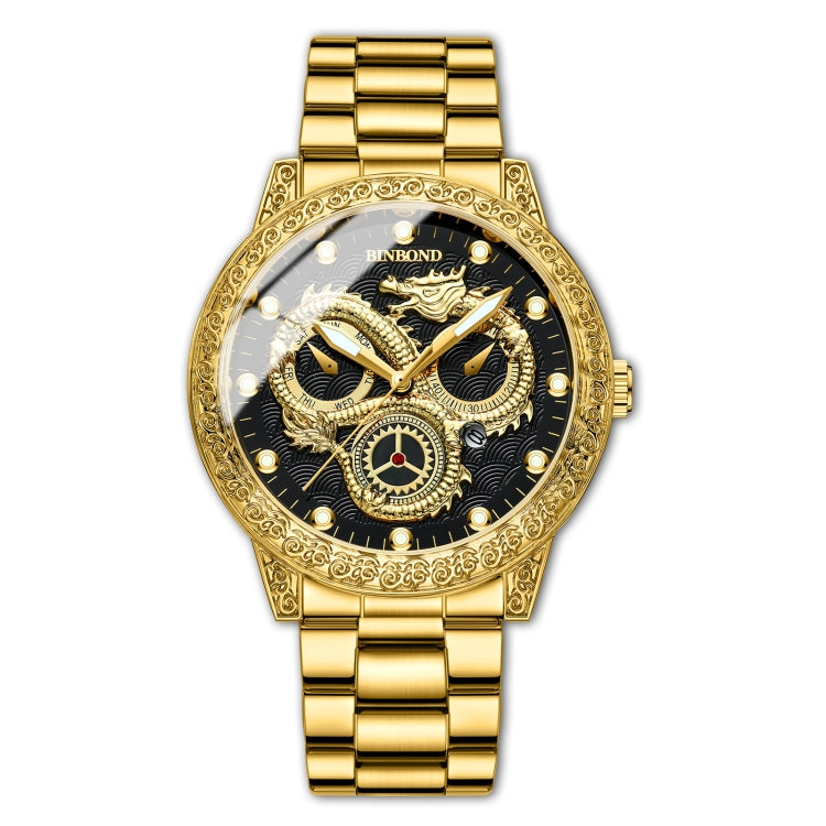 BINBOND B3030 Geprägte Drachen Luminous Wasserdichte Quarzuhr, Vollgold Schwarz, Weißer Stahl-Weiß
