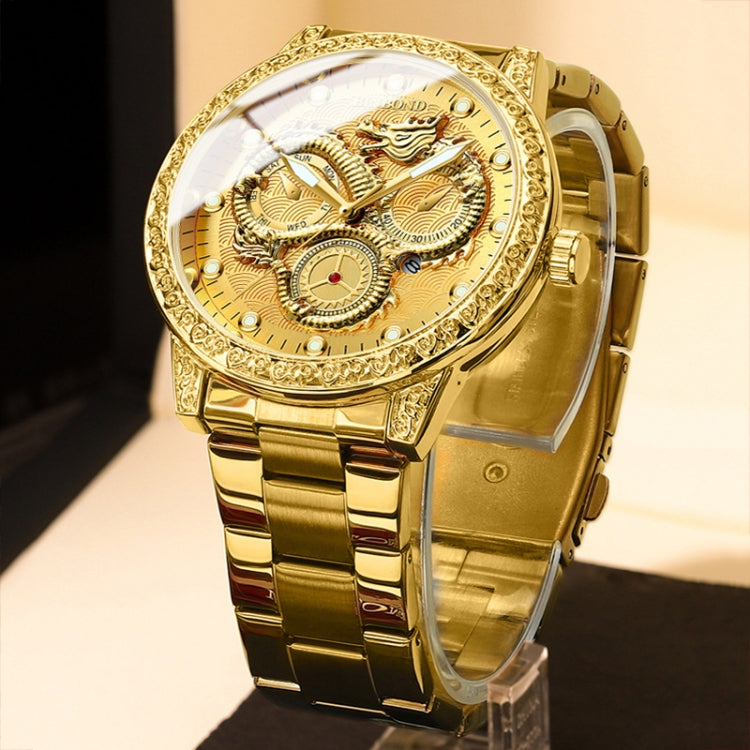 BINBOND B3030 Geprägte Drachen Luminous Wasserdichte Quarzuhr, Vollgold Schwarz, Weißer Stahl-Weiß