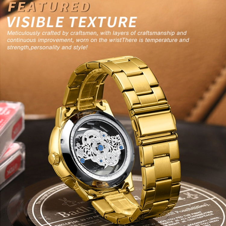 BINBOND B3030 Geprägte Drachen Luminous Wasserdichte Quarzuhr, Vollgold Schwarz, Weißer Stahl-Weiß