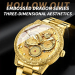 BINBOND B3030 Geprägte Drachen Luminous Wasserdichte Quarzuhr, Vollgold Schwarz, Weißer Stahl-Weiß
