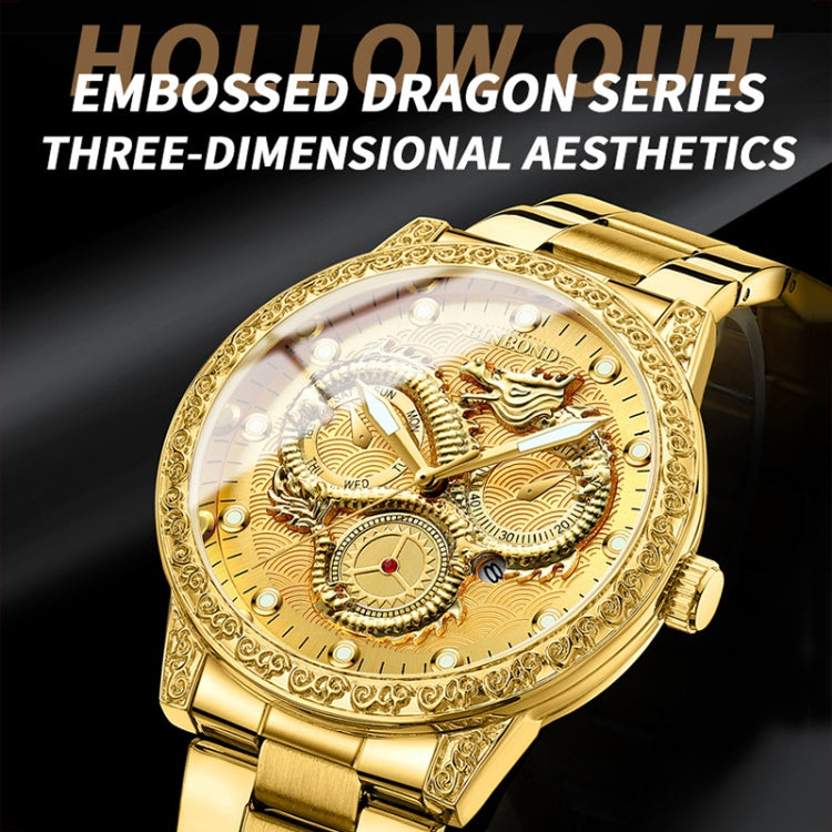 BINBOND B3030 Geprägte Drachen Luminous Wasserdichte Quarzuhr, Vollgold Schwarz, Weißer Stahl-Weiß