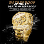 BINBOND B3030 Geprägte Drachen Luminous Wasserdichte Quarzuhr, Vollgold Schwarz, Weißer Stahl-Weiß