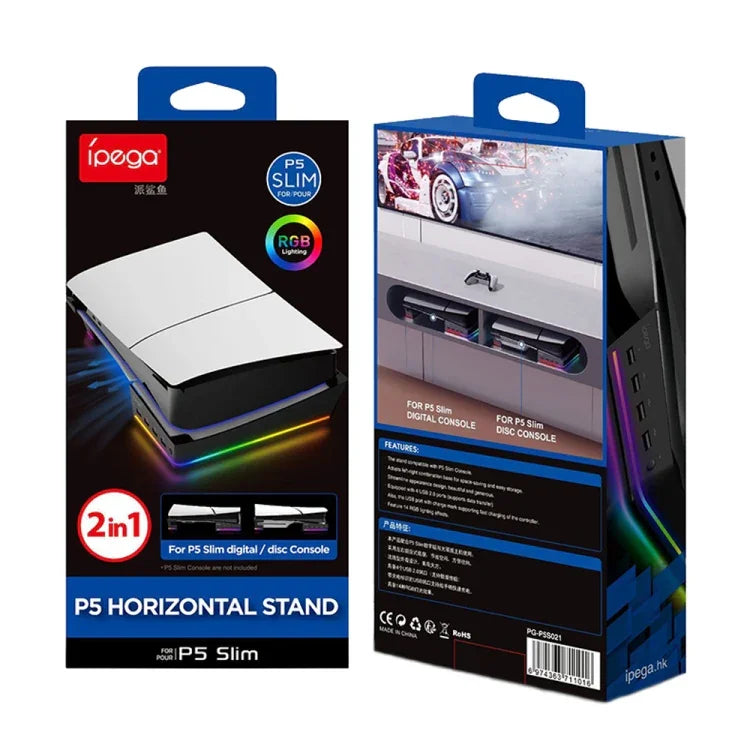 IPEGA PG-P5S021 RGB-Lichthost mit horizontalem Ständer und 4 USB-Hubs für Sony PS5 Slim, Weiß