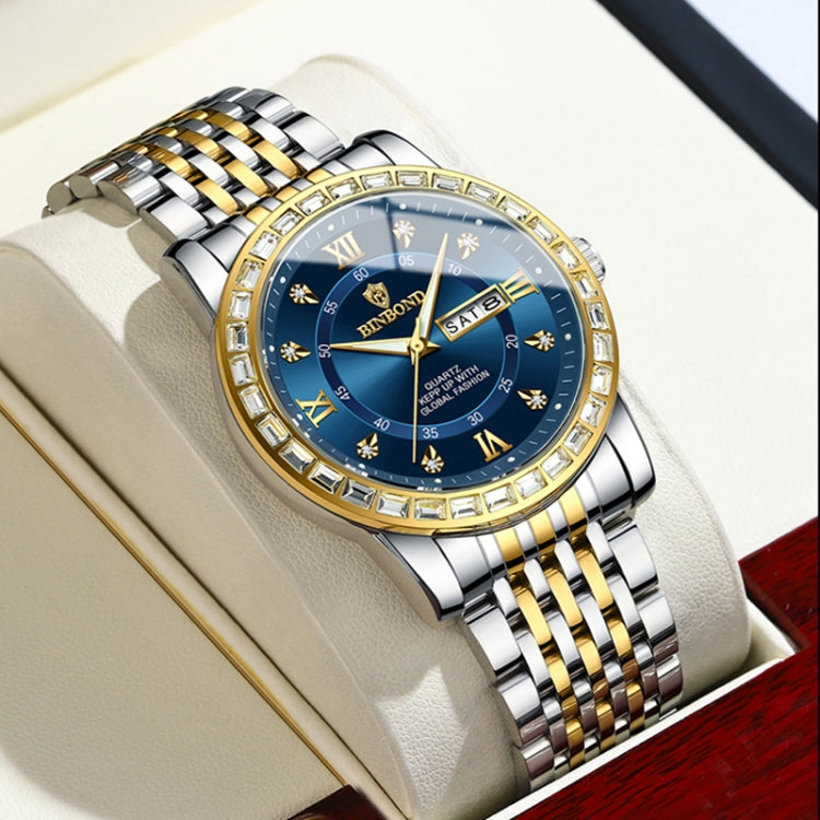 BINBOND B2202 Diamant Dual-Kalender Leuchtende Quarzuhr, Inter-Gold-Blau, Inter-Gold-Grün, Inter-Gold-Schwarz, Inter-Gold-Weiß, Voll-Gold-Gold, Voll-Gold-Schwarz, Weiß Stahl-Blau, Weiß Stahl-Schwarz, Weiß Stahl-Weiß, Schwarz Stahl-Schwarz-Weiß Nagel