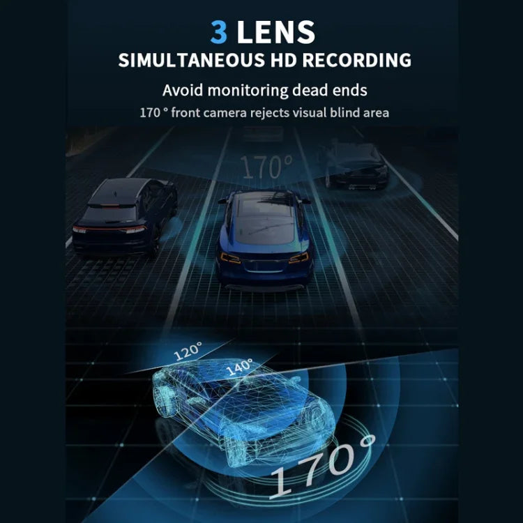 3 Kameraobjektiv 3-Zoll-IPS-Bildschirm WiFi Auto Dashcam 1080P Nachtsicht-Dashcam für Autos, 32G, 64G