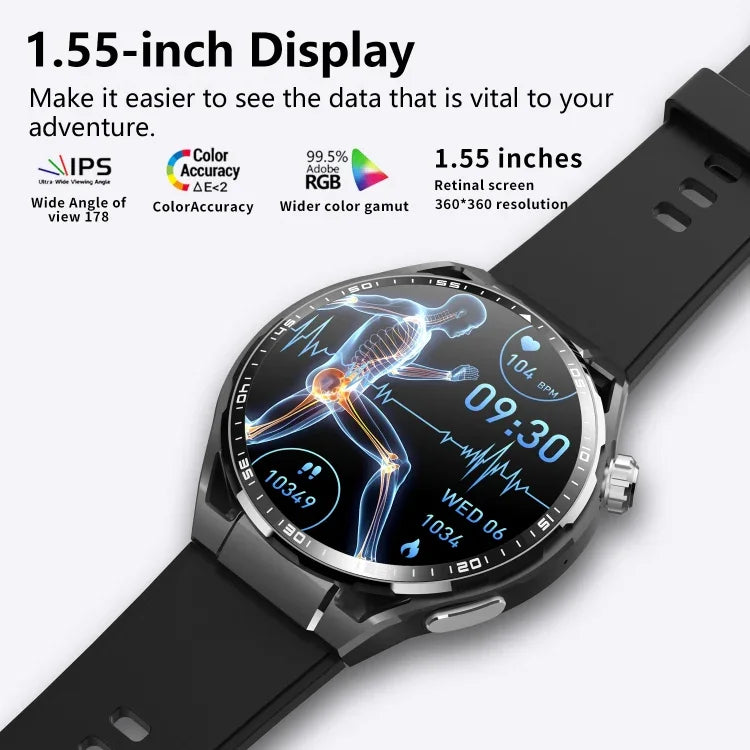 F200 Smartwatch mit EKG-Funktion, Blutzuckermessung, 1,55-Zoll-Runddisplay, erhältlich in: Schwarz (Silikon), Schwarz (Leder), Schwarz-Braun (Leder), Schwarz (Milan), Schwarz (3-Perlen-Edelstahl), Schwarz (Bambus), Schwarz-Grau (Silikon)