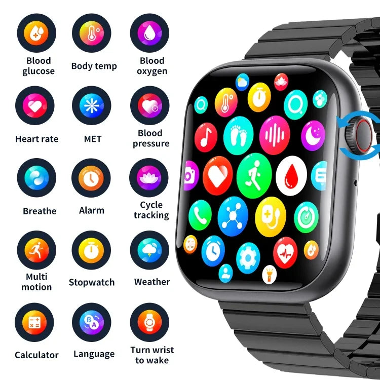F70 Smartwatch mit 2,1-Zoll-Bildschirm, Blutzucker-/Blutsauerstoffmessung, SOS-Alarm und über 100 Sportmodi
