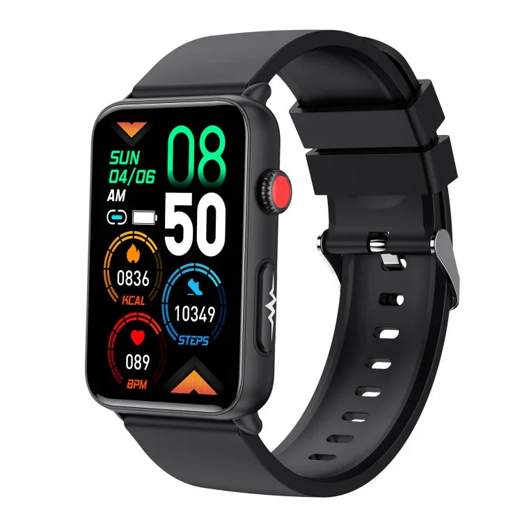 Smartwatch mit Ringfunktion, EKG, Temperaturanzeige, Herzfrequenzmessung, Blutdruckmessung, Bluetooth-Sprachausgabe, erhältlich in Schwarz (Silikon), Rot (Silikon), Blau (Silikon), Schwarz (Leder) und Braun (Leder).
