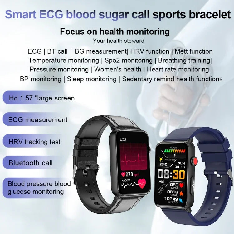 Smartwatch mit Ringfunktion, EKG, Temperaturanzeige, Herzfrequenzmessung, Blutdruckmessung, Bluetooth-Sprachausgabe, erhältlich in Schwarz (Silikon), Rot (Silikon), Blau (Silikon), Schwarz (Leder) und Braun (Leder).