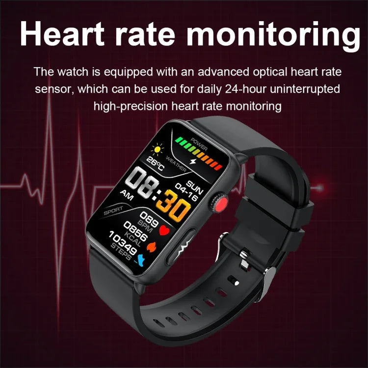 Smartwatch mit Ringfunktion, EKG, Temperaturanzeige, Herzfrequenzmessung, Blutdruckmessung, Bluetooth-Sprachausgabe, erhältlich in Schwarz (Silikon), Rot (Silikon), Blau (Silikon), Schwarz (Leder) und Braun (Leder).