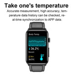Smartwatch mit Ringfunktion, EKG, Temperaturanzeige, Herzfrequenzmessung, Blutdruckmessung, Bluetooth-Sprachausgabe, erhältlich in Schwarz (Silikon), Rot (Silikon), Blau (Silikon), Schwarz (Leder) und Braun (Leder).