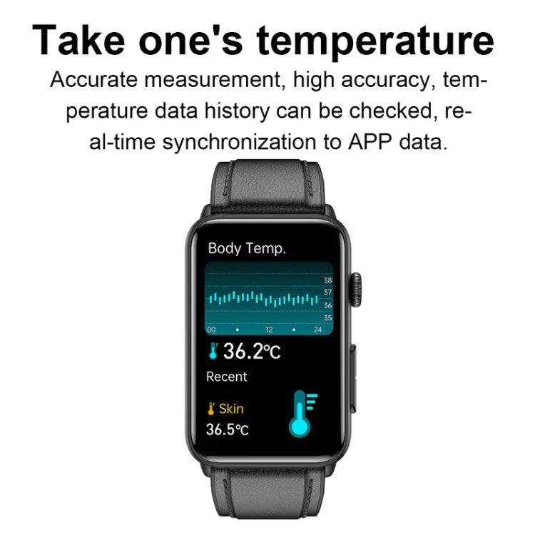 Smartwatch mit Ringfunktion, EKG, Temperaturanzeige, Herzfrequenzmessung, Blutdruckmessung, Bluetooth-Sprachausgabe, erhältlich in Schwarz (Silikon), Rot (Silikon), Blau (Silikon), Schwarz (Leder) und Braun (Leder).