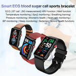 Smartwatch mit Ringfunktion, EKG, Temperaturanzeige, Herzfrequenzmessung, Blutdruckmessung, Bluetooth-Sprachausgabe, erhältlich in Schwarz (Silikon), Rot (Silikon), Blau (Silikon), Schwarz (Leder) und Braun (Leder).