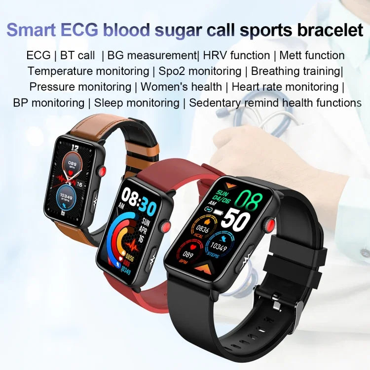 Smartwatch mit Ringfunktion, EKG, Temperaturanzeige, Herzfrequenzmessung, Blutdruckmessung, Bluetooth-Sprachausgabe, erhältlich in Schwarz (Silikon), Rot (Silikon), Blau (Silikon), Schwarz (Leder) und Braun (Leder).