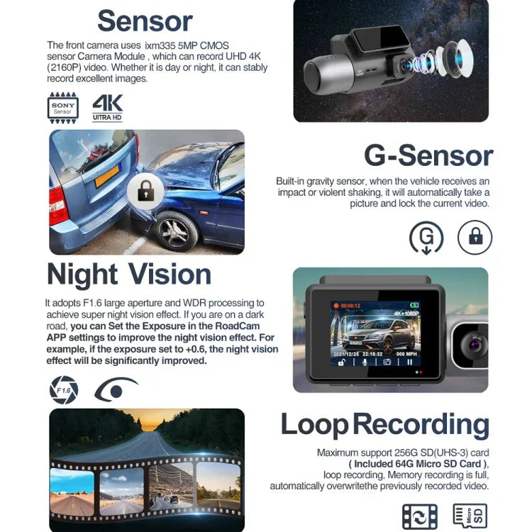 M700A 3-Kanal-Auto-Rekorder 4K UHD Front + 1080P Innen + 2K Hinten + GPS + WIFI Dash Cam, M700A
