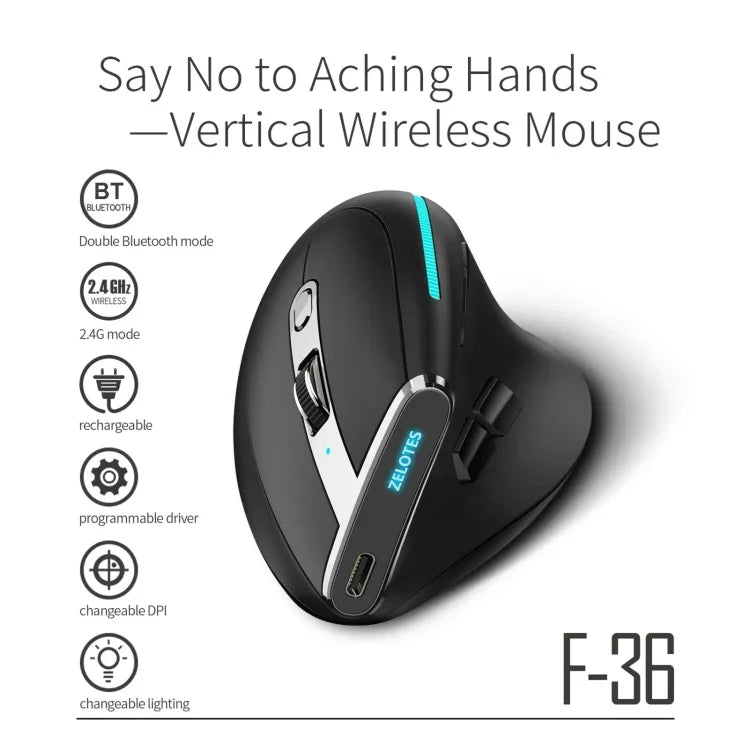ZELOTES F36 9-Tasten vertikaler ergonomischer programmierbarer Griff Dual Bluetooth + 2.4G kabellose Maus, F36 (weiß), F36 (schwarz)