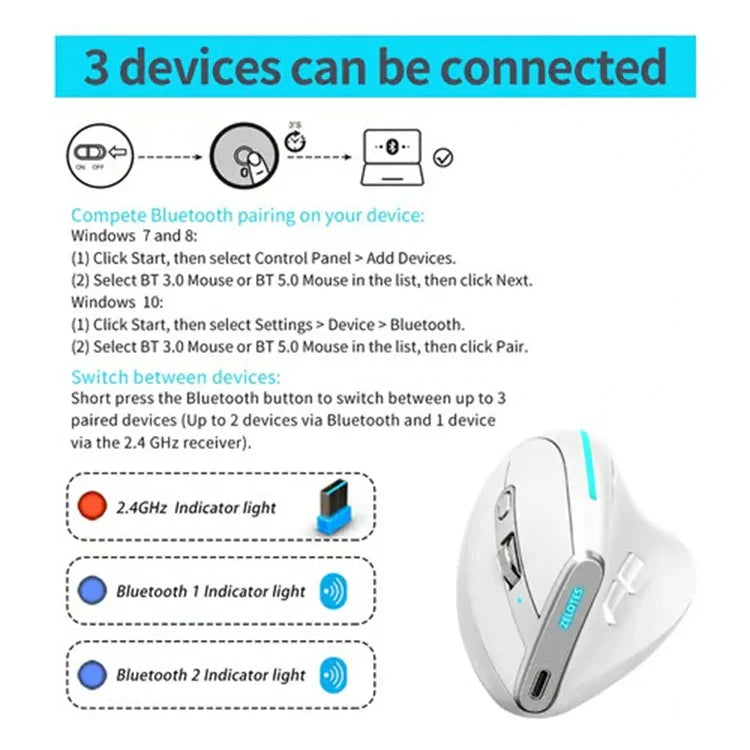 ZELOTES F36 9-Tasten vertikaler ergonomischer programmierbarer Griff Dual Bluetooth + 2.4G kabellose Maus, F36 (weiß), F36 (schwarz)
