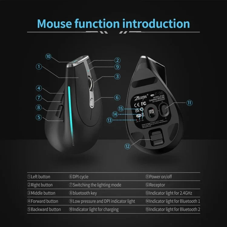 ZELOTES F36 9-Tasten vertikaler ergonomischer programmierbarer Griff Dual Bluetooth + 2.4G kabellose Maus, F36 (weiß), F36 (schwarz)