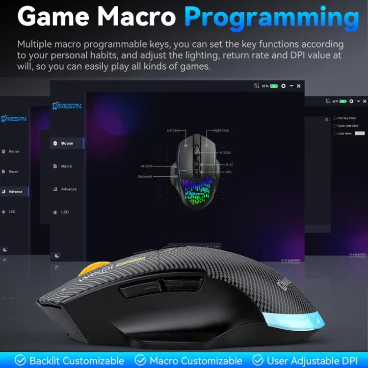 MKESPN W601 Geräuschlose kabellose Tri-Mode-Makro-Gaming-Maus Carbonfaser 12800DPI Bluetooth-Maus
