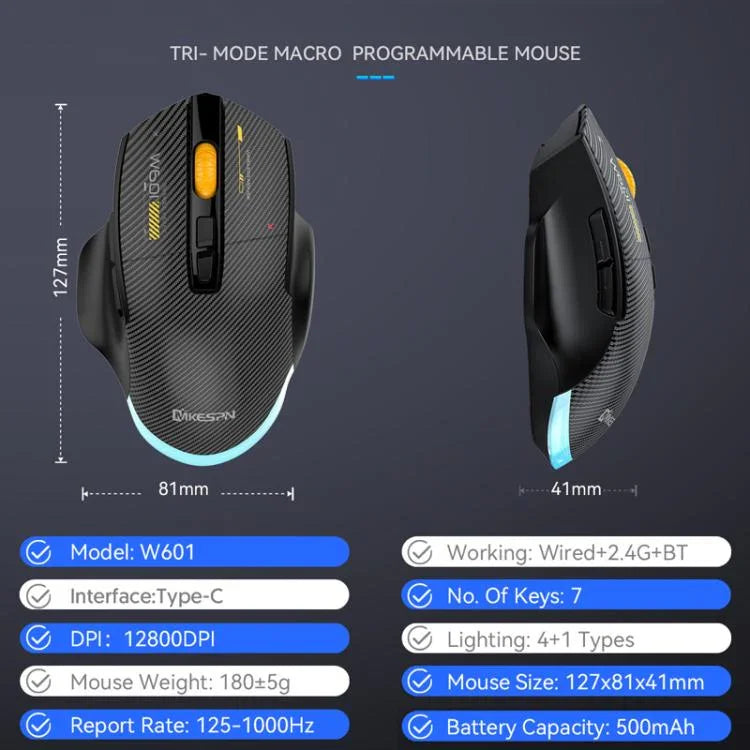 MKESPN W601 Geräuschlose kabellose Tri-Mode-Makro-Gaming-Maus Carbonfaser 12800DPI Bluetooth-Maus