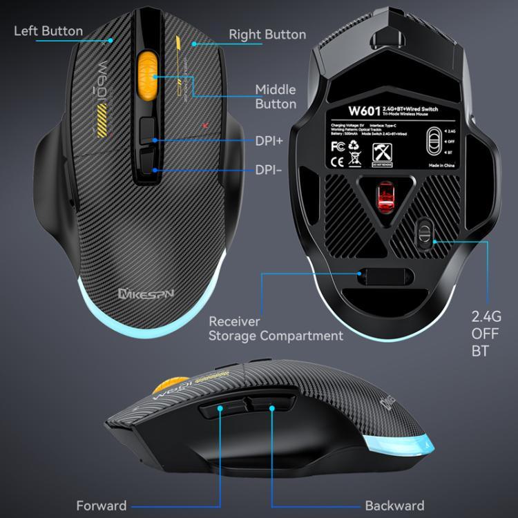 MKESPN W601 Geräuschlose kabellose Tri-Mode-Makro-Gaming-Maus Carbonfaser 12800DPI Bluetooth-Maus