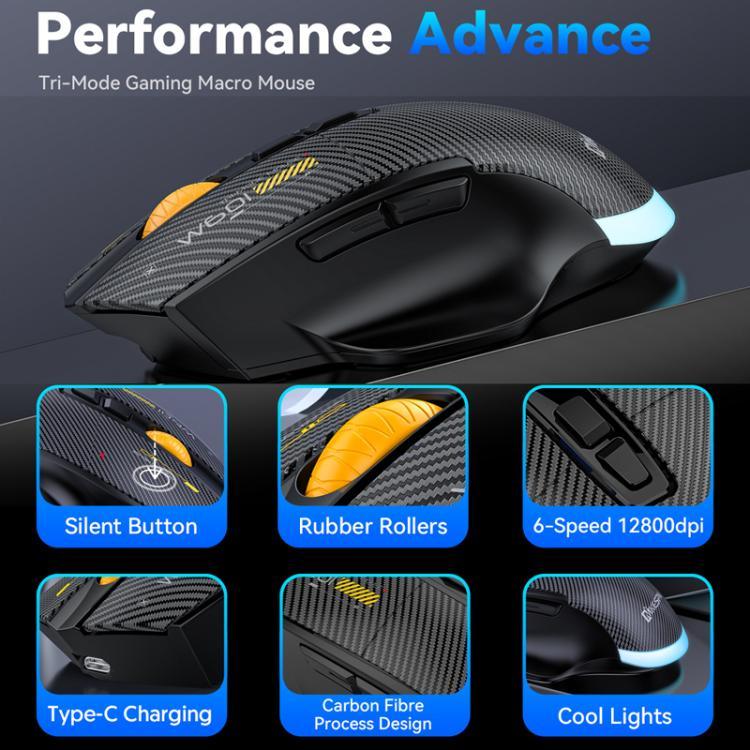 MKESPN W601 Geräuschlose kabellose Tri-Mode-Makro-Gaming-Maus Carbonfaser 12800DPI Bluetooth-Maus